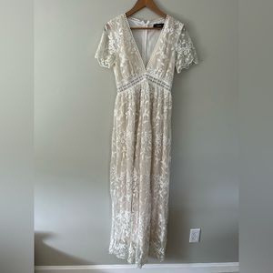 Aakaa Ivory Floral Lace Maxi Dress